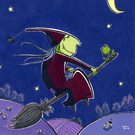 Sorcière sur son balai avec une grenouille